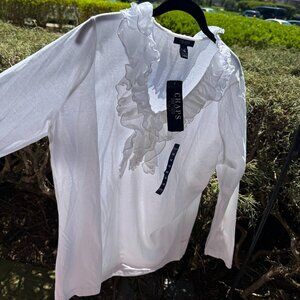 Chaps Women's Plus Size Pullover Cotton Top with Ruffle V-Neck NWT